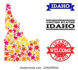 Mosaic map of Idaho State formed with colored flat stars, and grunge textured stamps, isolated on an white background. Vector colored geographic abstraction of map of Idaho State with red, yellow,