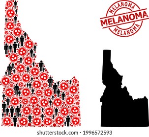 Mosaic map of Idaho State organized from flu virus items and people elements. Melanoma grunge seal stamp. Black men symbols and red virus outbreak items. Melanoma phrase is inside round seal stamp.