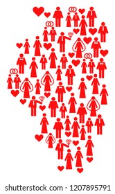 Mosaic map of Illinois State composed with red wedding men and women. Vector lovely geographic abstraction of map of Illinois State with red romantic symbols.