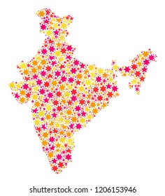 Mosaic map of India composed with colored flat stars. Vector colored geographic abstraction of map of India with red, yellow, orange stars. Festive design for New Year illustrations.