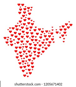 Mosaic map of India created with red love hearts. Vector lovely geographic abstraction of map of India with red dating symbols. Romantic design for dating posters.