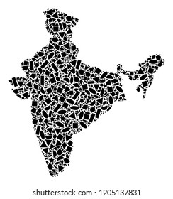 Mosaic map of India designed with black flat geometric primitives, such as triangles, stars, rectangles, circles, ellipses, segments, sectors, rhombuses, squares, polygons, semi-circles.