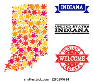 Mosaic map of Indiana State formed with colored flat stars, and grunge textured stamps, isolated on an white background. Vector colored geographic abstraction of map of Indiana State with red, yellow,