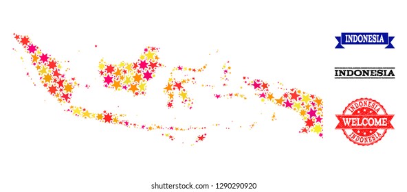 Mosaic map of Indonesia composed with colored flat stars, and grunge textured stamps, isolated on an white background. Vector colored geographic abstraction of map of Indonesia with red, yellow,