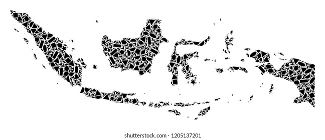Mosaic map of Indonesia created with black flat geometric objects, such as triangles, stars, rectangles, circles, ellipses, segments, sectors, rhombuses, squares, polygons, semi-circles.