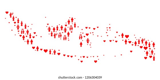 Mosaic map of Indonesia created with red lovely people. Vector lovely geographic abstraction of map of Indonesia with red marriage symbols. Romantic flat design for marriage applications.