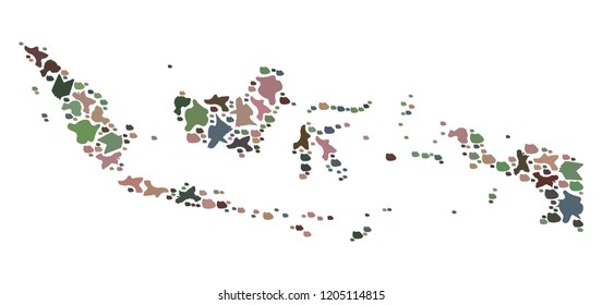 Mosaic map of Indonesia designed with colored flat stones. Vector varicolored geographic abstraction of map of Indonesia.