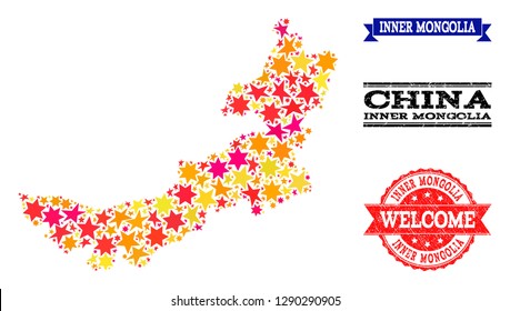 Mosaic map of Inner Mongolia formed with colored flat stars, and grunge textured stamps, isolated on an white background. Vector colored geographic abstraction of map of Inner Mongolia with red,