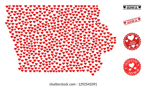 Mosaic map of Iowa State designed with red love hearts, and rubber stamp seals for dating. Vector lovely geographic abstraction of map of Iowa State with red dating symbols.