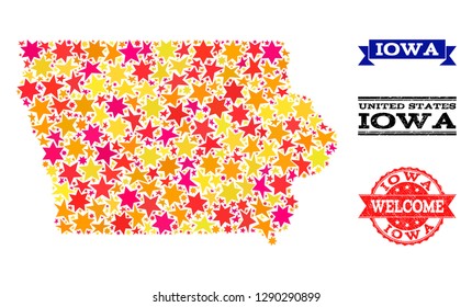 Mosaic map of Iowa State formed with colored flat stars, and grunge textured stamps, isolated on an white background. Vector colored geographic abstraction of map of Iowa State with red, yellow,