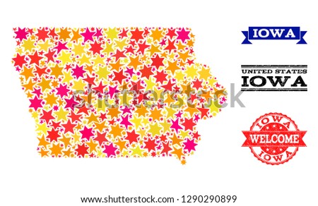 Mosaic map of Iowa State formed with colored flat stars, and grunge textured stamps, isolated on an white background. Vector colored geographic abstraction of map of Iowa State with red, yellow,