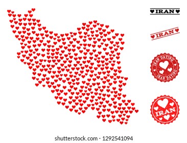 Mosaic map of Iran designed with red love hearts, and grunge stamp seals for dating. Vector lovely geographic abstraction of map of Iran with red amour symbols. Romantic design for dating posters.