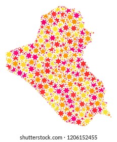 Mosaic map of Iraq designed with colored flat stars. Vector colored geographic abstraction of map of Iraq with red, yellow, orange stars. Festive design for holiday illustrations.