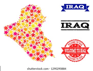 Mosaic map of Iraq designed with colored flat stars, and grunge textured stamps, isolated on an white background. Vector colored geographic abstraction of map of Iraq with red, yellow, orange stars.