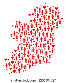 Mosaic map of Ireland Island composed with red marriage ladies and gentlemens. Vector lovely geographic abstraction of map of Ireland Island with red marriage symbols.