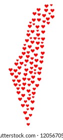 Mosaic map of Israel designed with red love hearts. Vector lovely geographic abstraction of map of Israel with red romantic symbols. Romantic design for dating illustrations.