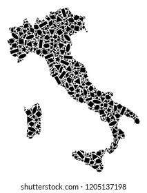 Mosaic map of Italy composed with black flat geometric figures, such as triangles, stars, rectangles, circles, ellipses, segments, sectors, rhombuses, squares, polygons, semi-circles.