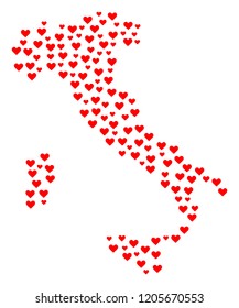 Mosaic map of Italy designed with red love hearts. Vector lovely geographic abstraction of map of Italy with red romantic symbols. Romantic design for relations illustrations.