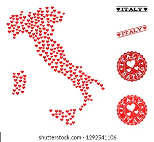 Mosaic map of Italy formed with red love hearts, and grunge watermarks for Valentines day. Vector lovely geographic abstraction of map of Italy with red romantic symbols.