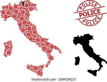 Mosaic map of Italy united from virus icons and population icons. Police scratched seal stamp. Black people elements and red flu virus icons. Police phrase is inside round stamp.