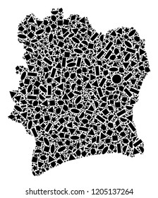 Mosaic map of Ivory Coast created with black flat geometric primitives, such as triangles, stars, rectangles, circles, ellipses, segments, sectors, rhombuses, squares, polygons, semi-circles.