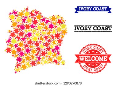 Mosaic map of Ivory Coast designed with colored flat stars, and grunge textured stamps, isolated on an white background. Vector colored geographic abstraction of map of Ivory Coast with red, yellow,