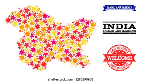 Mosaic map of Jammu and Kashmir State created with colored flat stars, and grunge textured stamps, isolated on an white background.