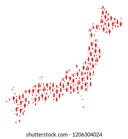 Mosaic map of Japan composed with red lovely people. Vector lovely geographic abstraction of map of Japan with red romantic symbols. Romantic flat design for wedding illustrations.