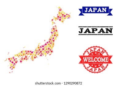 Mosaic map of Japan designed with colored flat stars, and grunge textured stamps, isolated on an white background. Vector colored geographic abstraction of map of Japan with red, yellow, orange stars.