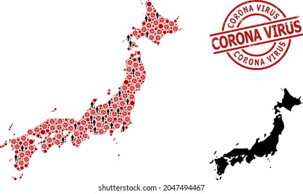 Mapa mosaico de Japón organizado a partir de íconos del virus SARS y elementos de población. Corona Virus grunge sello. Iconos de personas negras y elementos de virus rojos. 