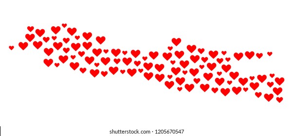 Mosaic map of Java Island composed with red love hearts. Vector lovely geographic abstraction of map of Java Island with red romantic symbols. Romantic design for wedding posters.
