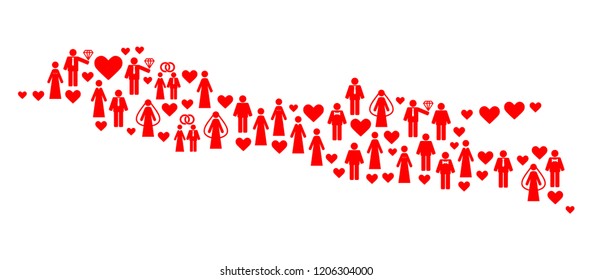 Mosaic map of Java Island designed with red marriage ladies and gentlemens. Vector lovely geographic abstraction of map of Java Island with red marriage symbols.