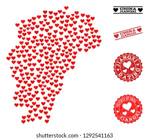 Mosaic Map of Jiangxi Province created with red love hearts, and rubber watermarks for Valentines day. Vector lovely geographic abstraction of Map of Jiangxi Province with red romantic symbols.