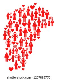 Mosaic Map of Jiangxi Province designed with red lovely men. Vector lovely geographic abstraction of Map of Jiangxi Province with red romantic symbols. Romantic flat design for dating posters.