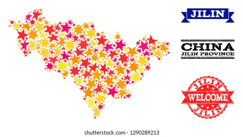Mosaic map of Jilin Province designed with colored flat stars, and grunge textured stamps, isolated on an white background. Vector colored geographic abstraction of map of Jilin Province with red,