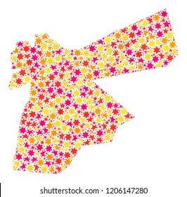 Mosaic map of Jordan designed with colored flat stars. Vector colored geographic abstraction of map of Jordan with red, yellow, orange stars. Festive design for New Year illustrations.
