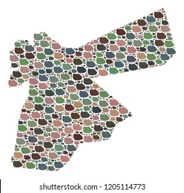Mosaic map of Jordan formed with colored flat concretions. Vector varicolored geographic abstraction of map of Jordan.