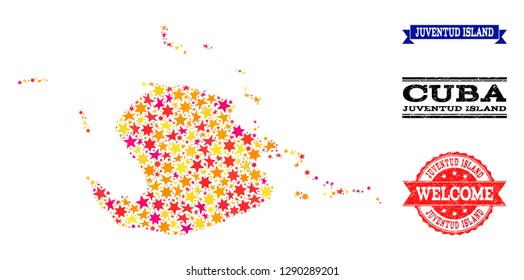 Mosaic map of Juventud Island composed with colored flat stars, and grunge textured stamps, isolated on an white background. Vector colored geographic abstraction of map of Juventud Island with red,