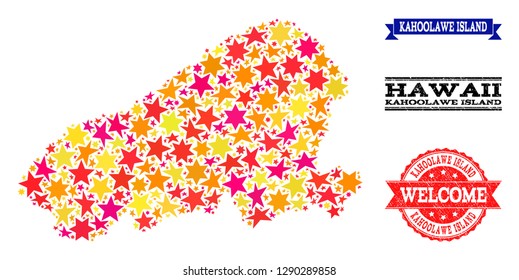 Mosaic map of Kahoolawe Island designed with colored flat stars, and grunge textured stamps, isolated on an white background. Vector colored geographic abstraction of map of Kahoolawe Island with red,