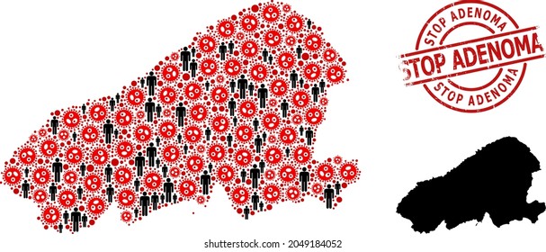 Mosaic map of Kahoolawe Island organized from virus items and people icons. Stop Adenoma grunge seal stamp. Black crowd items and red SARS virus items. Stop Adenoma caption is inside round seal stamp.