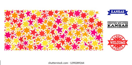 Mosaic map of Kansas State designed with colored flat stars, and grunge textured stamps, isolated on an white background. Vector colored geographic abstraction of map of Kansas State with red, yellow,