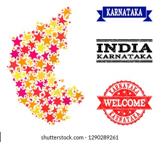Mosaic map of Karnataka State created with colored flat stars, and grunge textured stamps, isolated on an white background. Vector colored geographic abstraction of map of Karnataka State with red,