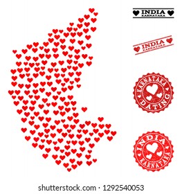 Mosaic map of Karnataka State designed with red love hearts, and rubber stamp seals for dating. Vector lovely geographic abstraction of map of Karnataka State with red romantic symbols.