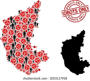 Mosaic map of Karnataka State organized from flu virus elements and population items. Robots Only textured seal stamp. Black crowd elements and red virus elements.