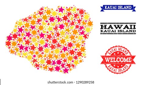 Mosaic map of Kauai Island designed with colored flat stars, and grunge textured stamps, isolated on an white background. Vector colored geographic abstraction of map of Kauai Island with red, yellow,