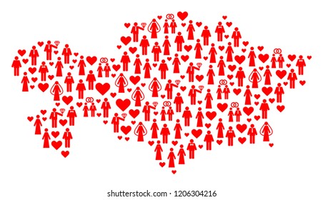 Mosaic map of Kazakhstan designed with red lovely brides and grooms. Vector lovely geographic abstraction of map of Kazakhstan with red romantic symbols. Romantic flat design for bonus purposes.