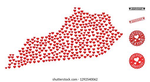 Mosaic map of Kentucky State composed with red love hearts, and rubber watermarks for dating. Vector lovely geographic abstraction of map of Kentucky State with red romantic symbols.
