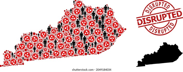 Mosaic map of Kentucky State composed of flu virus icons and humans elements. Disrupted distress seal stamp. Black man icons and red virus outbreak icons. Disrupted message inside round watermark.