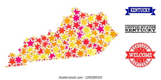 Mosaic map of Kentucky State designed with colored flat stars, and grunge textured stamps, isolated on an white background. Vector colored geographic abstraction of map of Kentucky State with red,