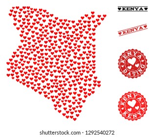 Mosaic map of Kenya formed with red love hearts, and grunge watermarks for dating. Vector lovely geographic abstraction of map of Kenya with red dating symbols. Romantic design for bonus applications.
